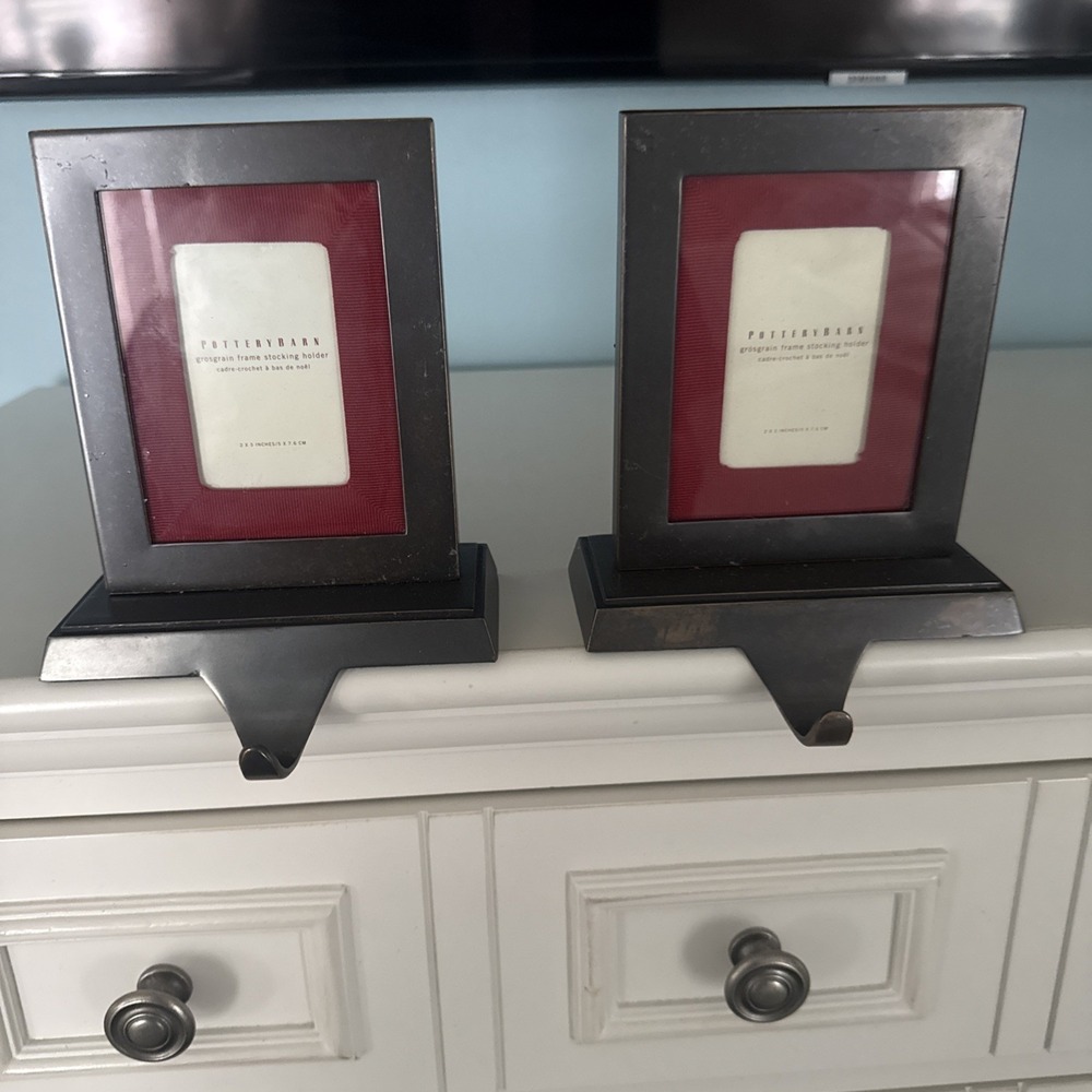 Set 2 Pottery Barn Silver Grosgrain Red Picture Frame Christmas Stocking Holder